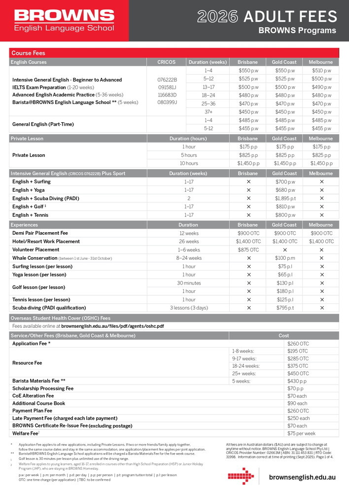 オーストラリア留学・ワーキングホリデー ゴールドコースト・ブリスベン・メルボルン Browns 授業料 料金表 2026年 ライフアブロード