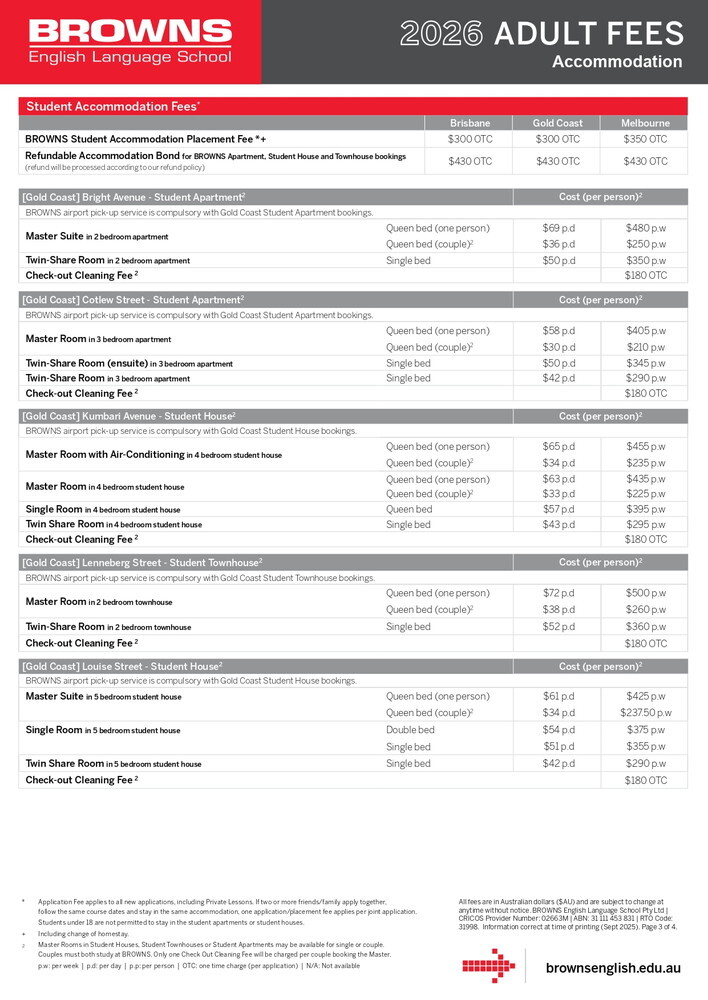 オーストラリア留学・ワーキングホリデー ゴールドコースト Browns 料金表 2026年 ライフアブロード