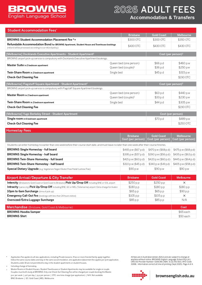 オーストラリア留学・ワーキングホリデー メルボルン Browns 料金表 2026年 ライフアブロード