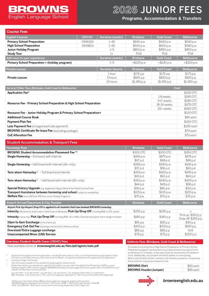 オーストラリア留学・ジュニア留学 Browns 料金表 2026年 ライフアブロード