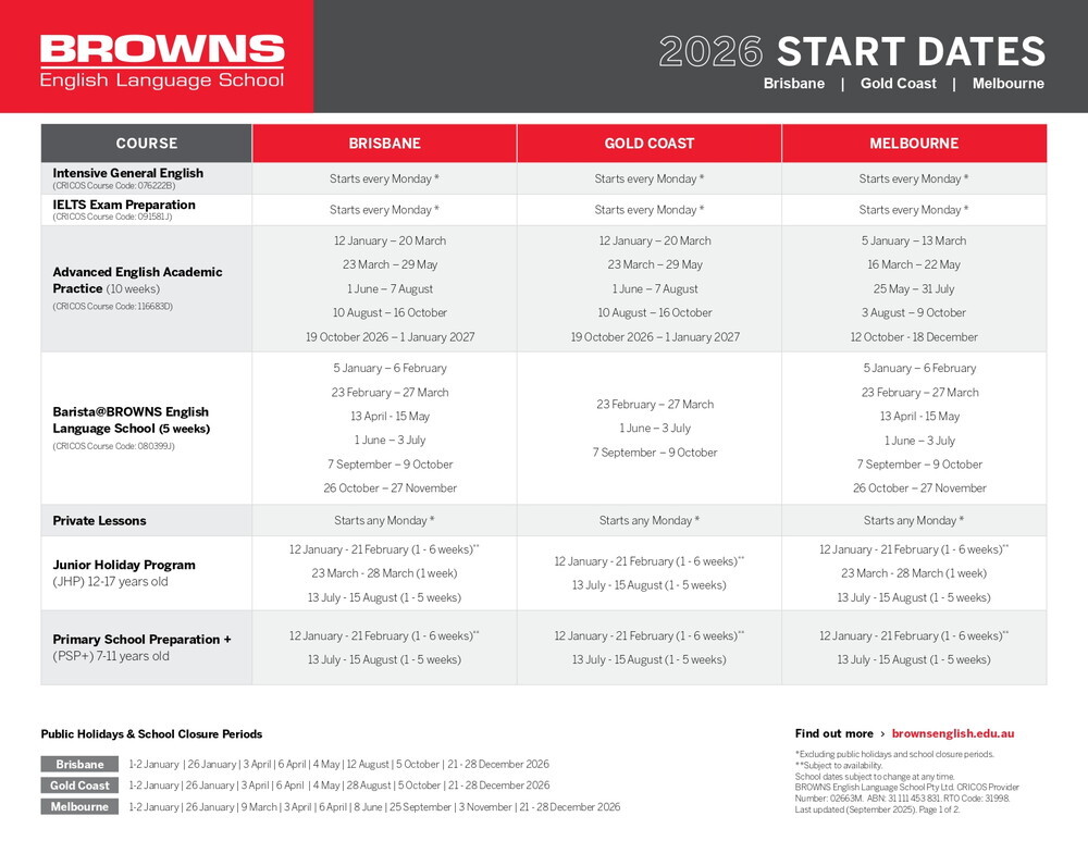 オーストラリア留学・ワーキングホリデー ゴールドコースト・ブリスベン メルボルン校 Browns 2026年スケジュール_page-0001