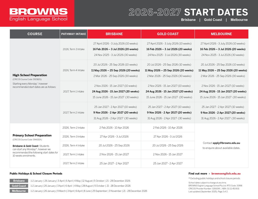 オーストラリア留学・ワーキングホリデー ゴールドコースト・ブリスベン メルボルン校 Browns 2026年スケジュール_page-0002