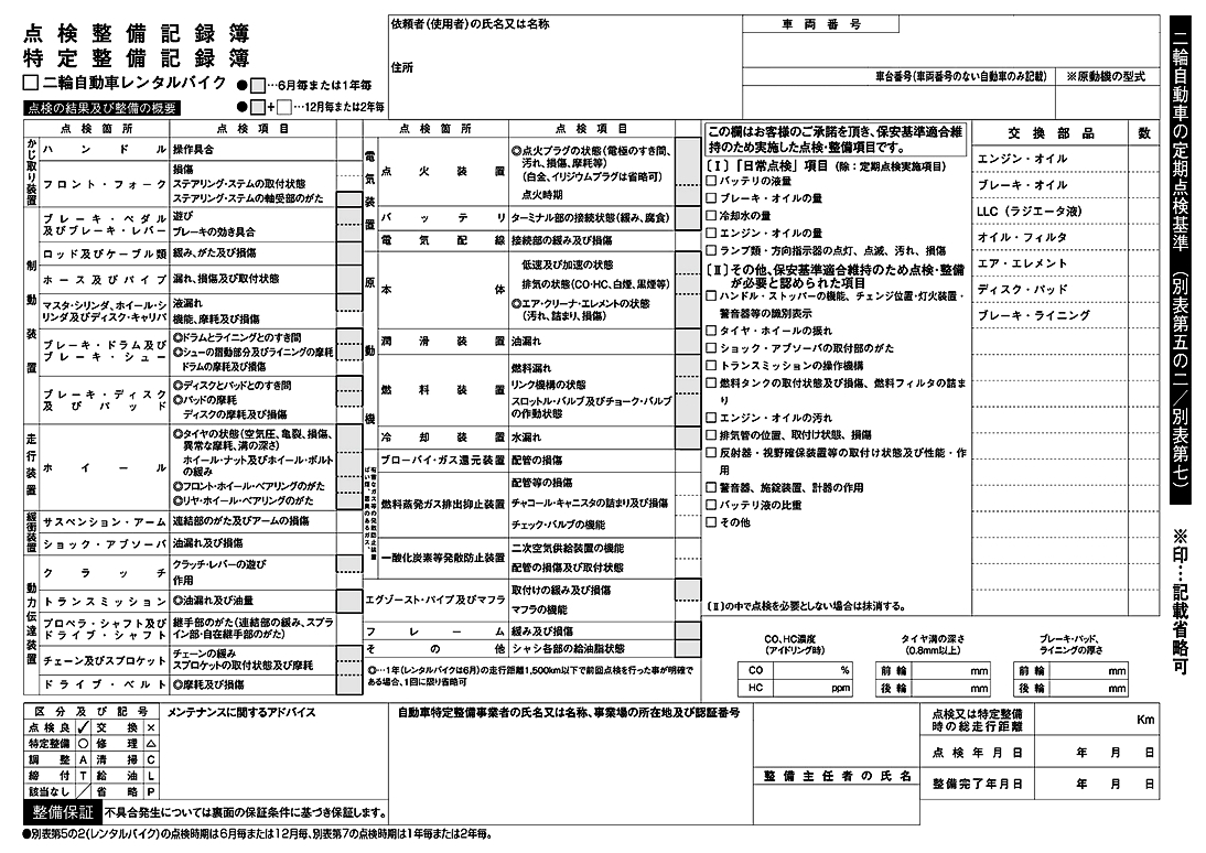 自動二輪点検簿