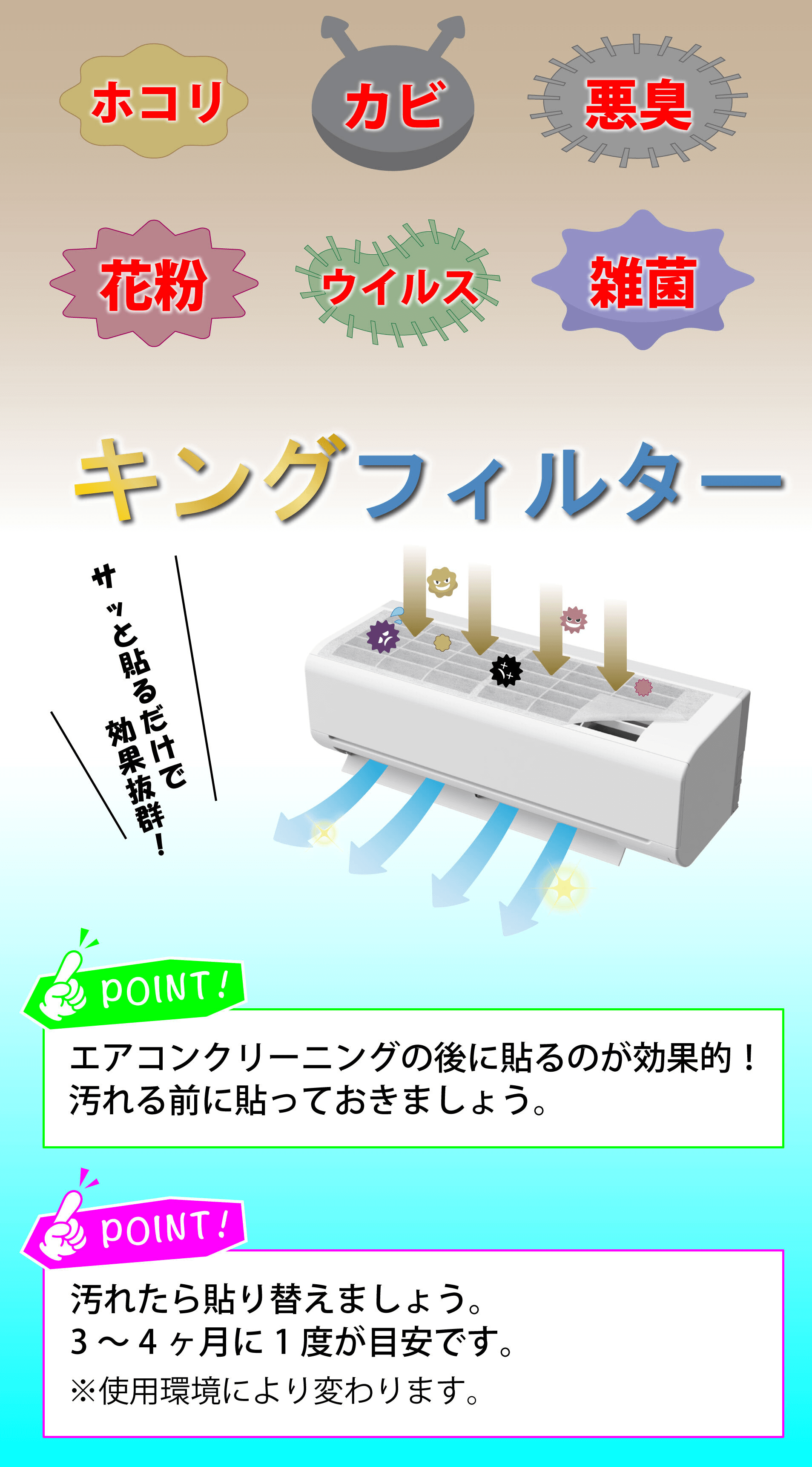 ①エアコンクリーニングの後に貼るのが効果的!②汚れたら3~4ヶ月に一度を目安に張り替えましょう