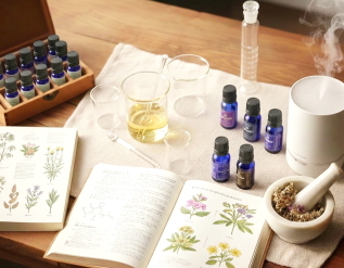 精油や植物油やビーカーなどを机に並べたアロマテラピーの基礎を学ぶ環境