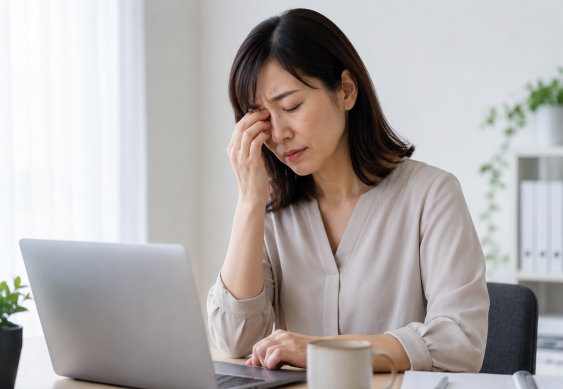 眼精疲労で目の奥に痛みを感じる女性