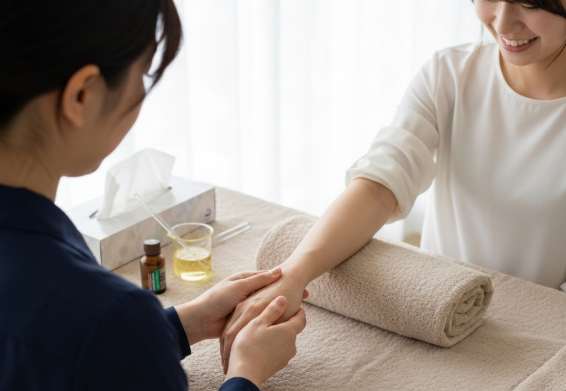ハンドトリートメントで前腕に触れる手技のイメージ｜アロマハンドセラピスト講座