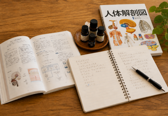 精油と人体解剖図のテキスト、ノートを並べたアロマテラピーインストラクター講座の学習イメージ
