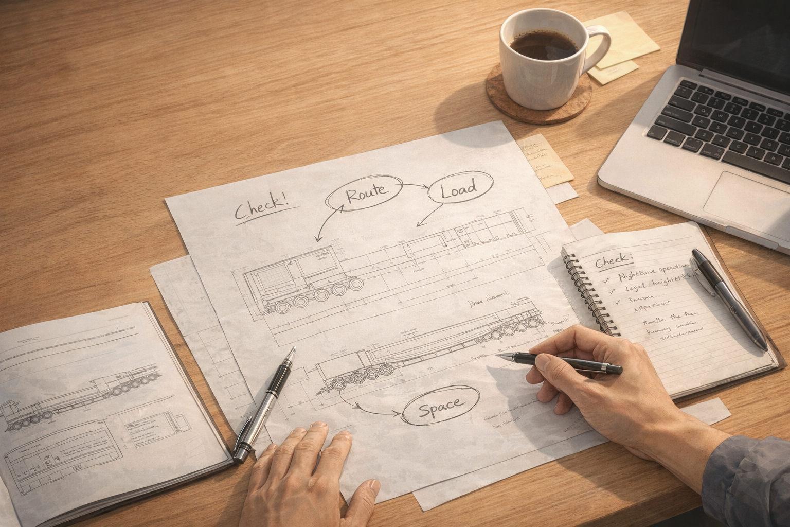 工学図面とノートの整理されたデスク