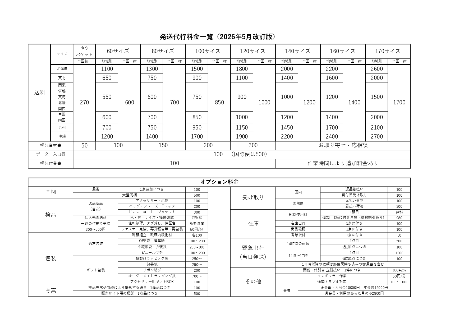 2026年5月改定　料金表