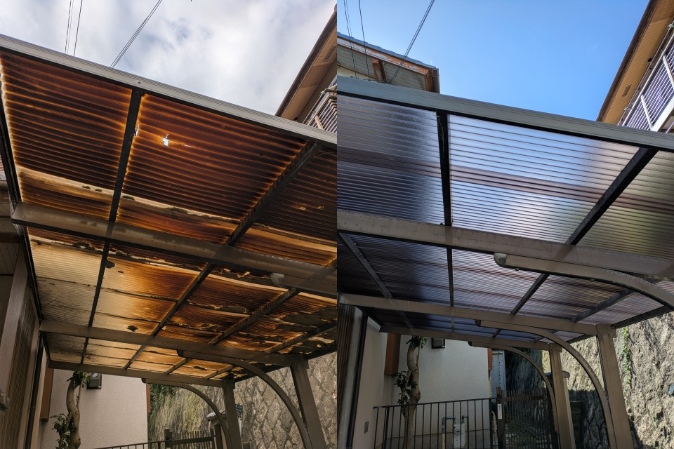 大阪の雨漏り修理店大阪府大東市H様邸 ガレージ波板張り替え工事