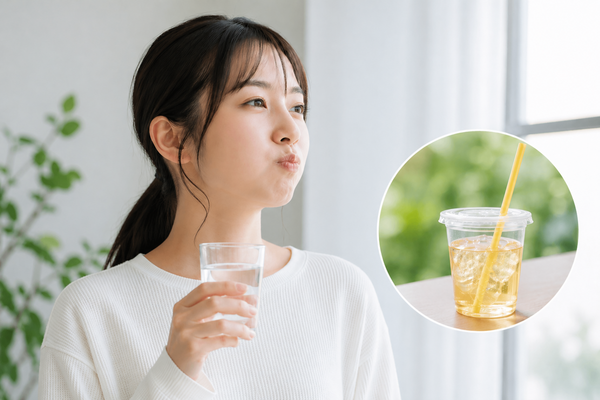 ホワイトニング後に飲み物をストローで飲み口をゆすぐ女性