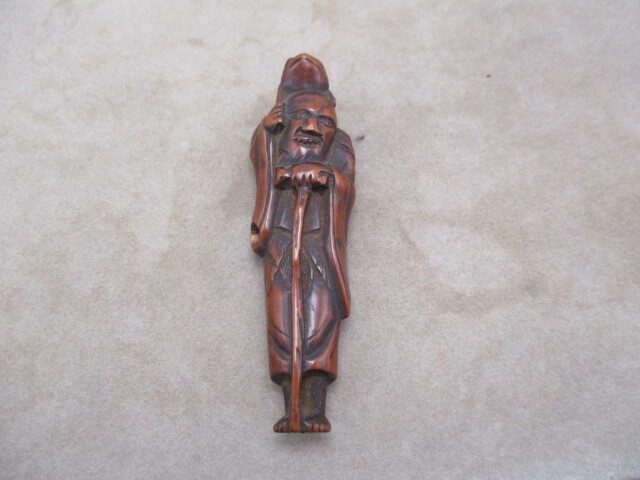 レトロ アンティーク 骨董品 根付 カエルを頭に乗せた老人 木製