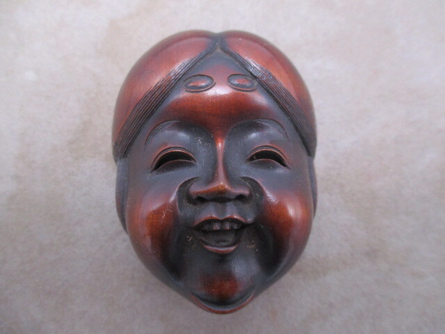 レトロ アンティーク 骨董品 根付 お多福 おかめ 在銘 舟翁齋作 木製