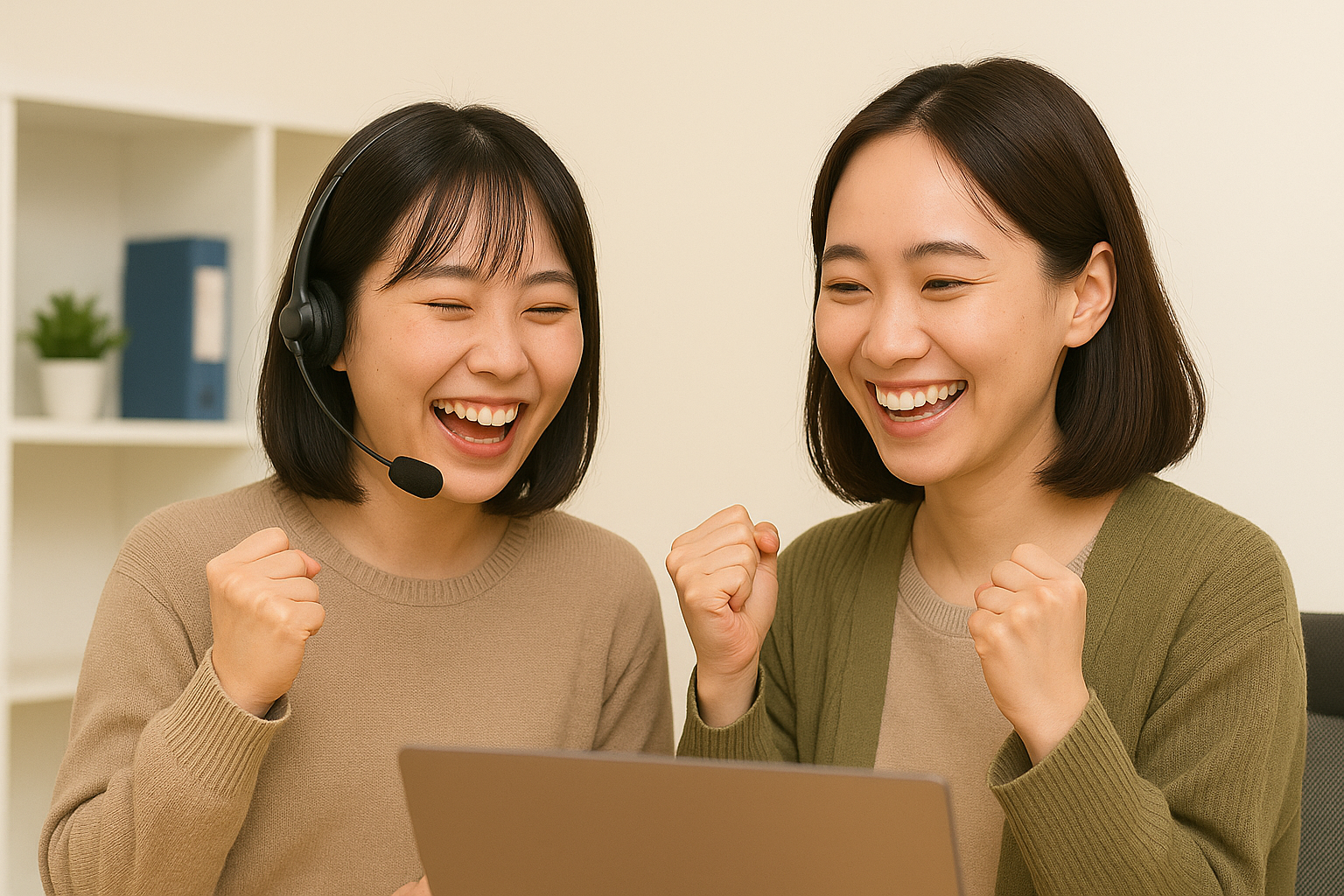 ②アポ獲得したテレアポと一緒に喜ぶ事務員(元画像)