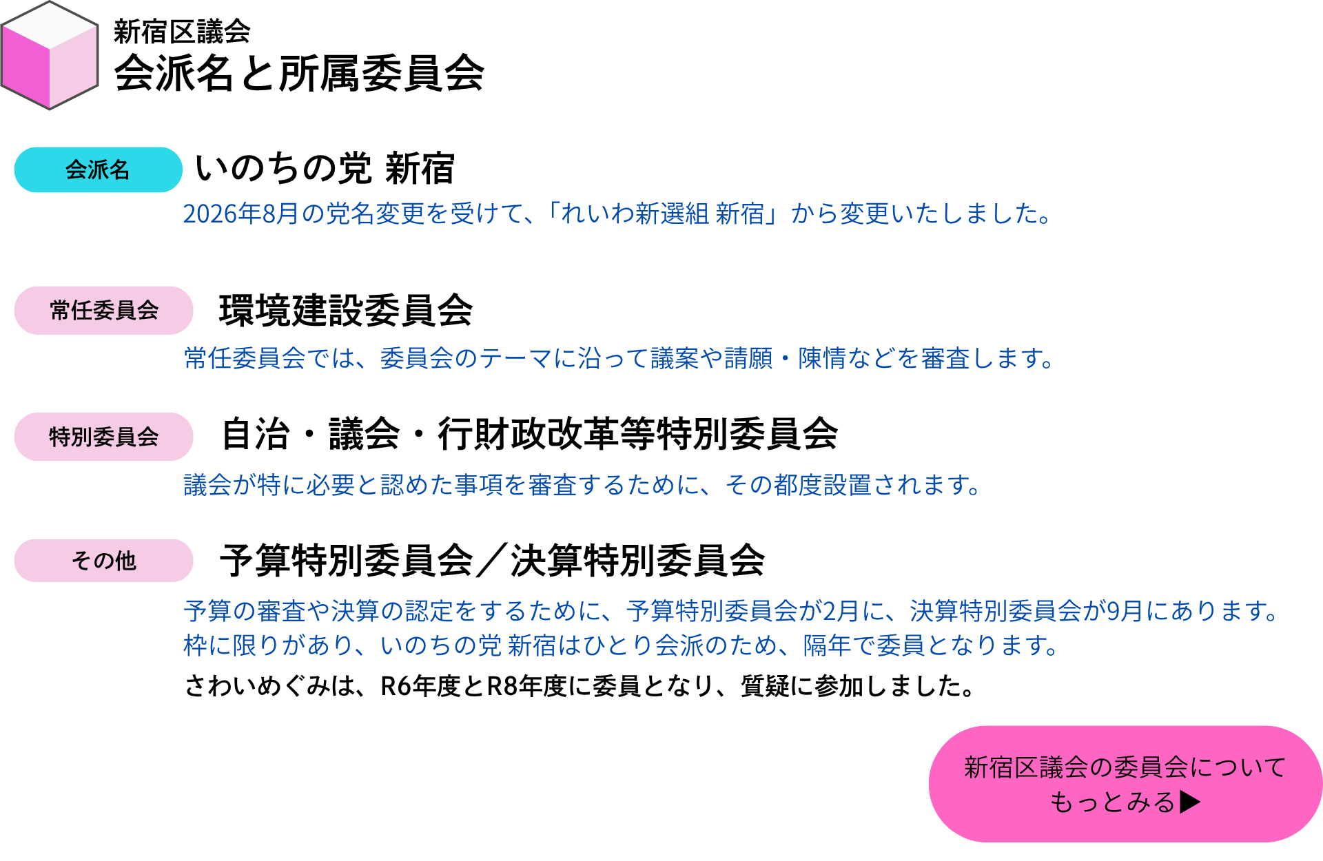 新宿区議会 会派名と所属委員会 会派 いのちの党 新宿 （2026年8月の党名変更を受けて、「れいわ新選組 新宿」から変更いたしました。） 常任委員会 環境建設委員会 （常任委員会…-3