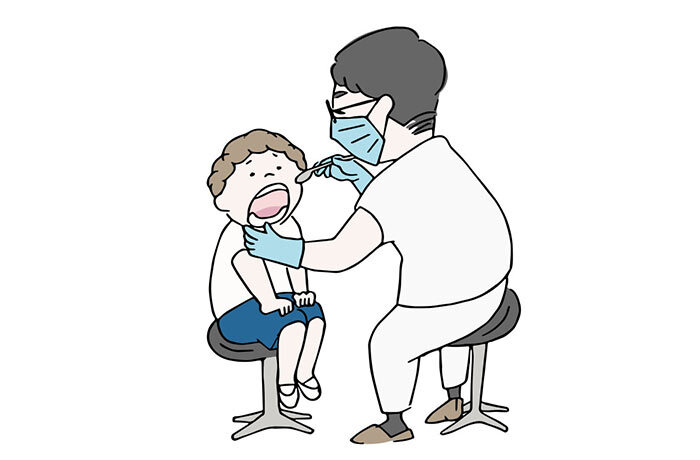 学校での歯科検診。歯科医師の診察を受ける、椅子に座った小学生のイラスト