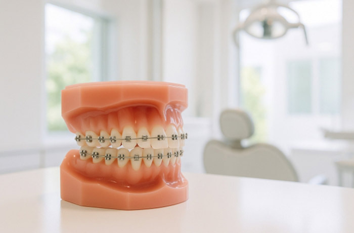 ワイヤー矯正器具を付けた歯科模型の画像