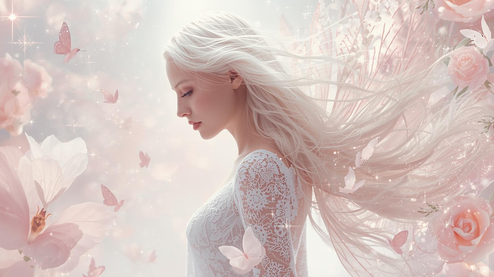 a.Michell　 と、「M」と神秘的な神話の白く美しい女性の妖精の美しい薄ピンクのモチーフを添付画像のように入れていただき、 _幻想的な、天国をイメージしたような白やピンクを基調とした透明感のある