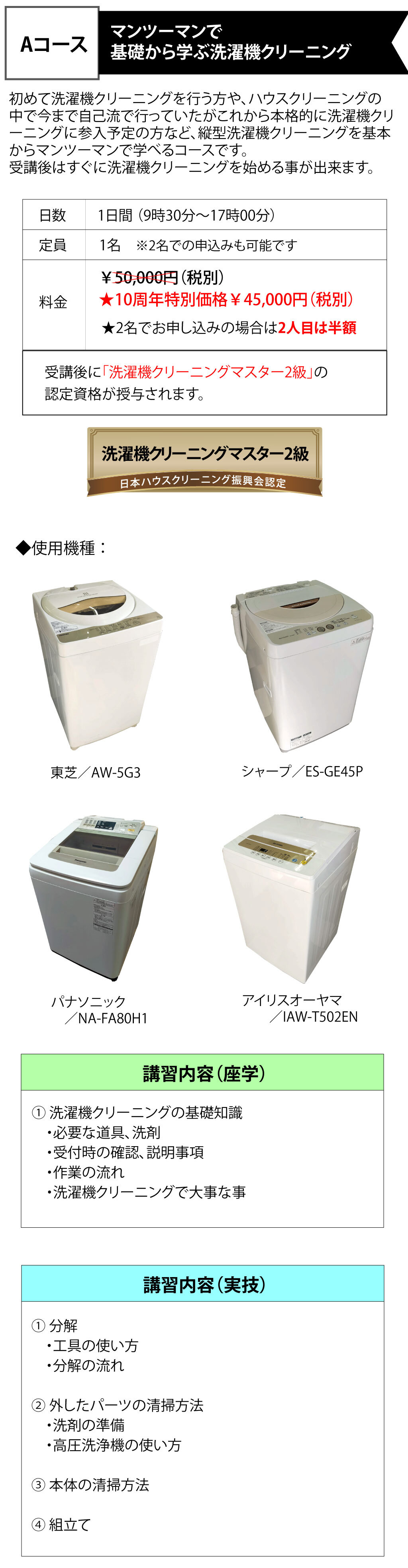 洗濯機クリーニング研修詳細（Aコース）